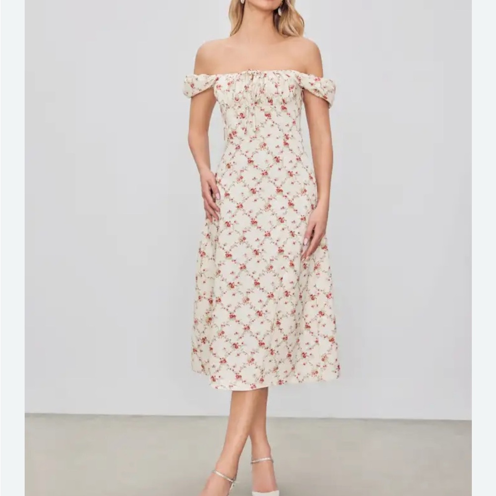 Cider Cream Off-Shoulder Midi Dress with Red Floral Print